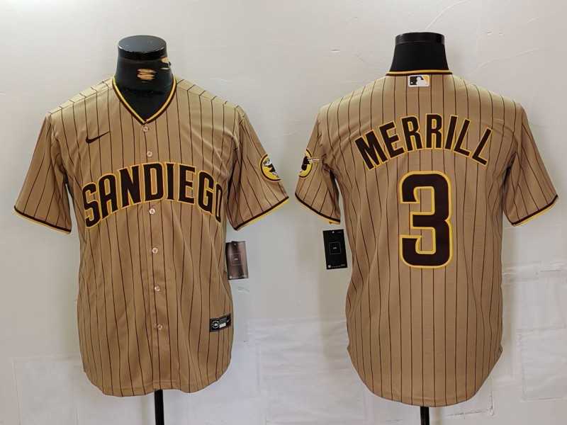 Men's San Diego Padres #3 Jackson Merrill Tan NEW 2023 Cool Base Stitched Jersey,We sell and wholesale Men's San Diego Padres #3 Jackson Merrill Tan NEW 2023 Cool Base Stitched Jersey on line form chian!